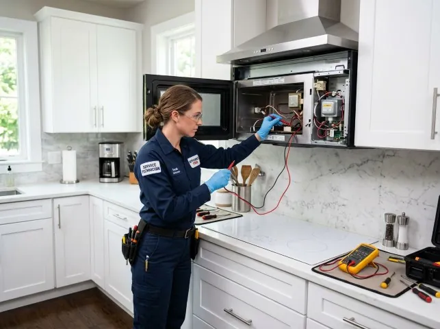 Appliance Repair Hero technician testing an over-the-range microwave in a Aiken, SC kitchen